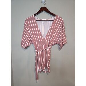 Capella Apparel‎ Romper Womens Small Mauve White Striped V-Neck Tie Waist NWT